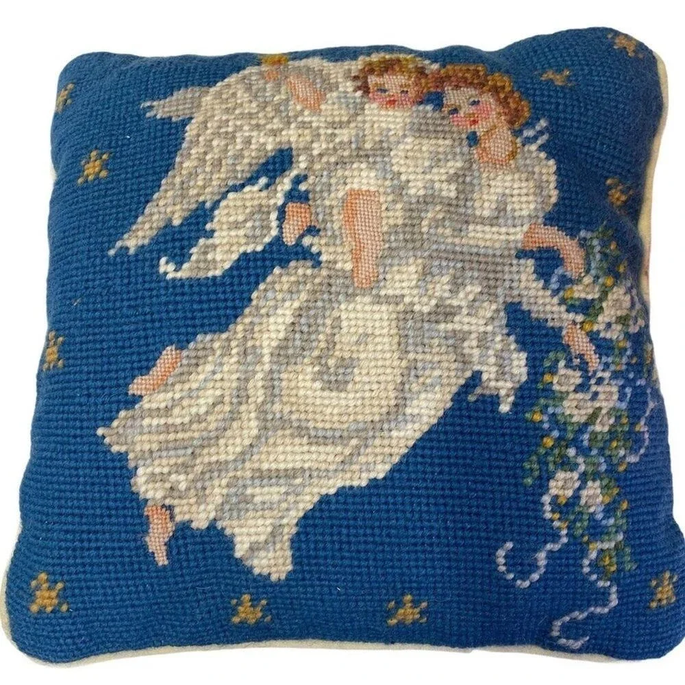 Christmas Pillow Vintage Blue Wool Needlepoint Angels‎ Holiday 10 Inch